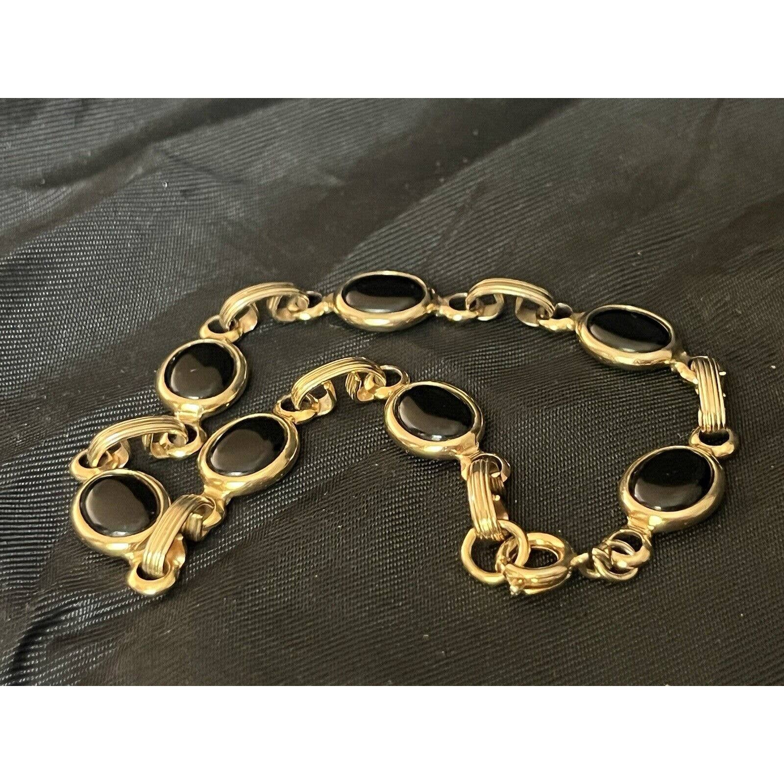 Vintage Onyx Cabochon Panel Link Bracelet Gold Tone 8